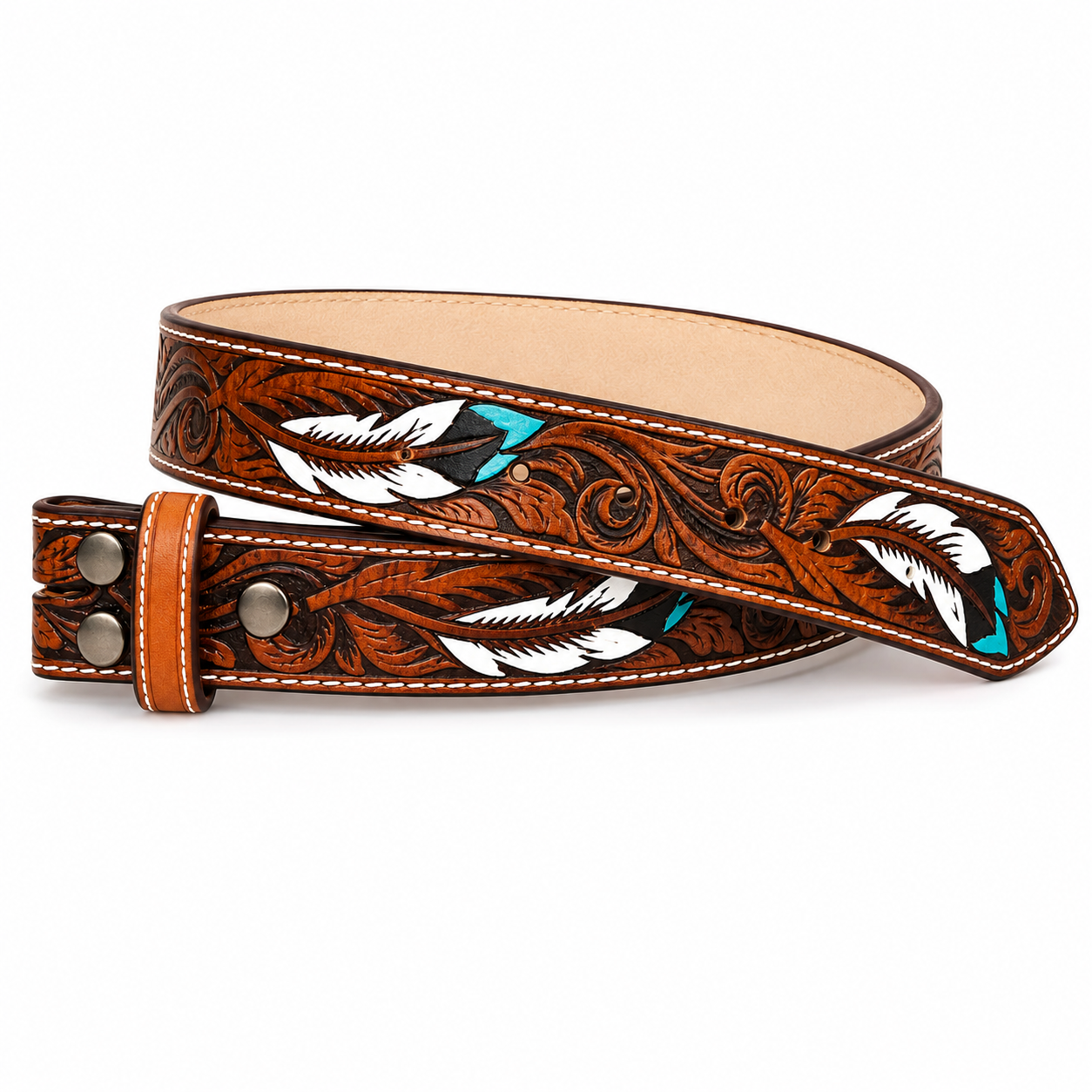 Feather Embossed Western Belt - Light Brown